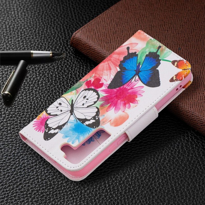 Leren Hoesje voor Samsung Galaxy S22 5G Geschilderde Vlinders En Bloemen