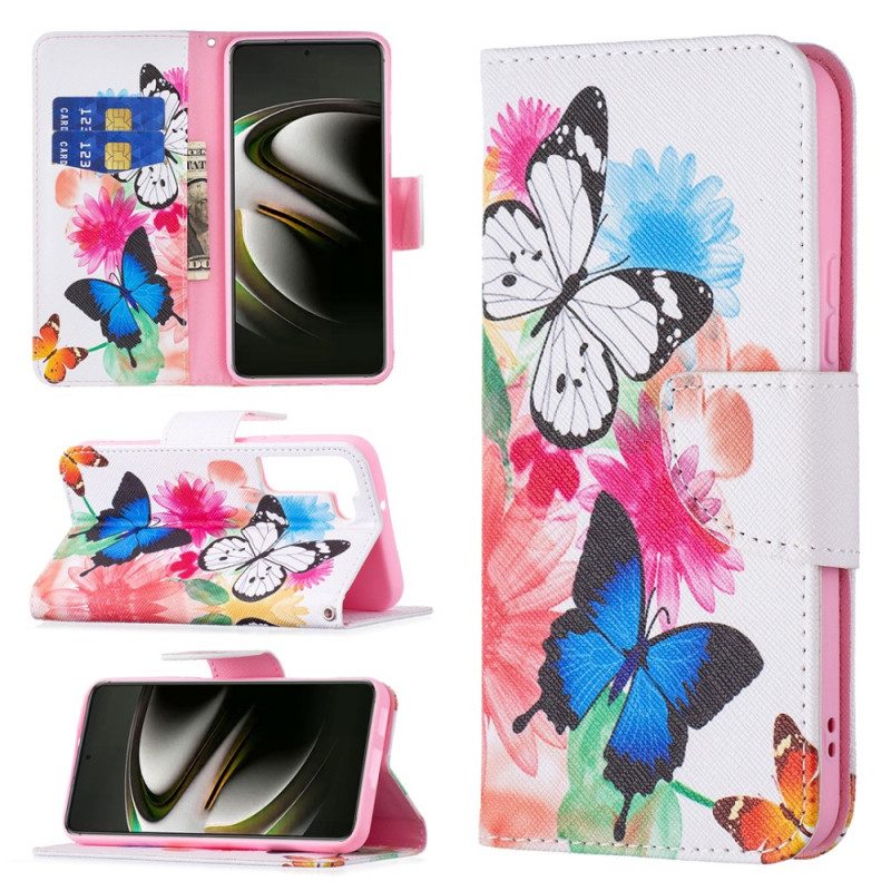 Leren Hoesje voor Samsung Galaxy S22 5G Geschilderde Vlinders En Bloemen