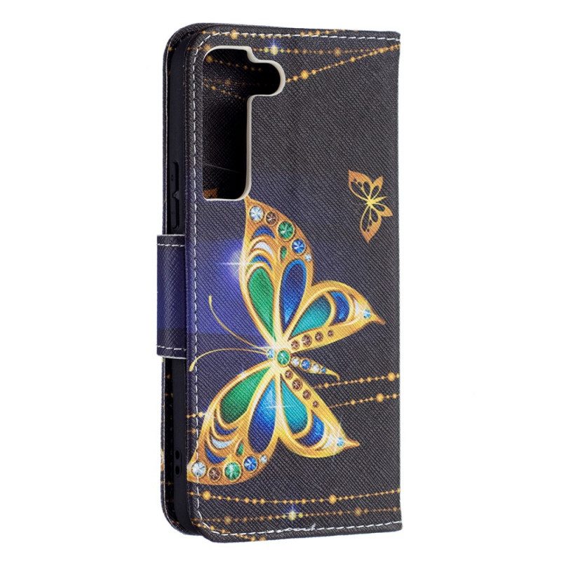 Leren Hoesje voor Samsung Galaxy S22 5G Gouden Vlinders