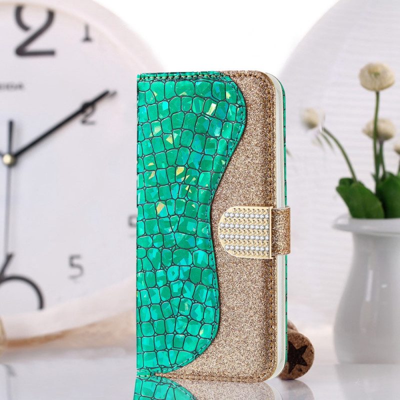 Leren Hoesje voor Samsung Galaxy S22 5G Krokodil Diamanten