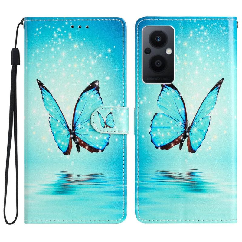 Folio-hoesje voor Oppo Reno 8 Lite Met Ketting Blauwe Vlinders Met Riem