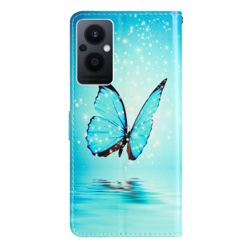 Folio-hoesje voor Oppo Reno 8 Lite Met Ketting Blauwe Vlinders Met Riem