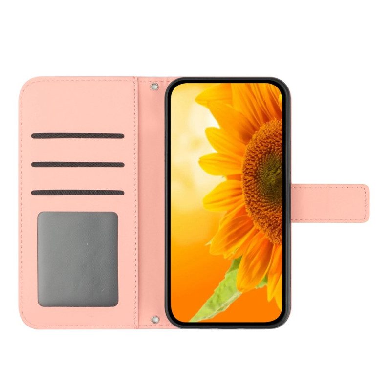 Leren Hoesje voor Oppo Reno 8 Lite Zonnebloem Schouderriem