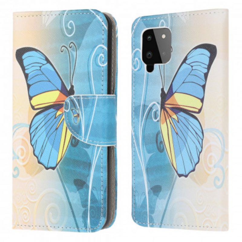 Flip Case voor Samsung Galaxy A22 Blauwe En Gele Vlinder