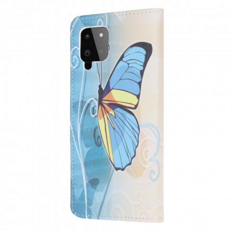 Flip Case voor Samsung Galaxy A22 Blauwe En Gele Vlinder