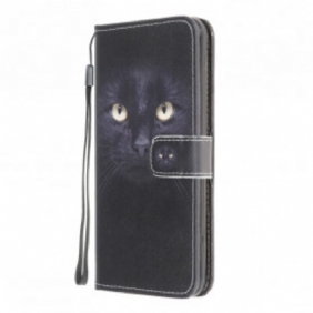 Flip Case voor Samsung Galaxy A22 Met Ketting Strappy Zwarte Kattenogen