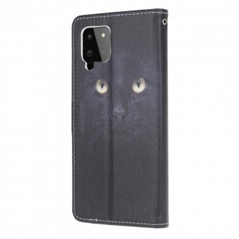 Flip Case voor Samsung Galaxy A22 Met Ketting Strappy Zwarte Kattenogen