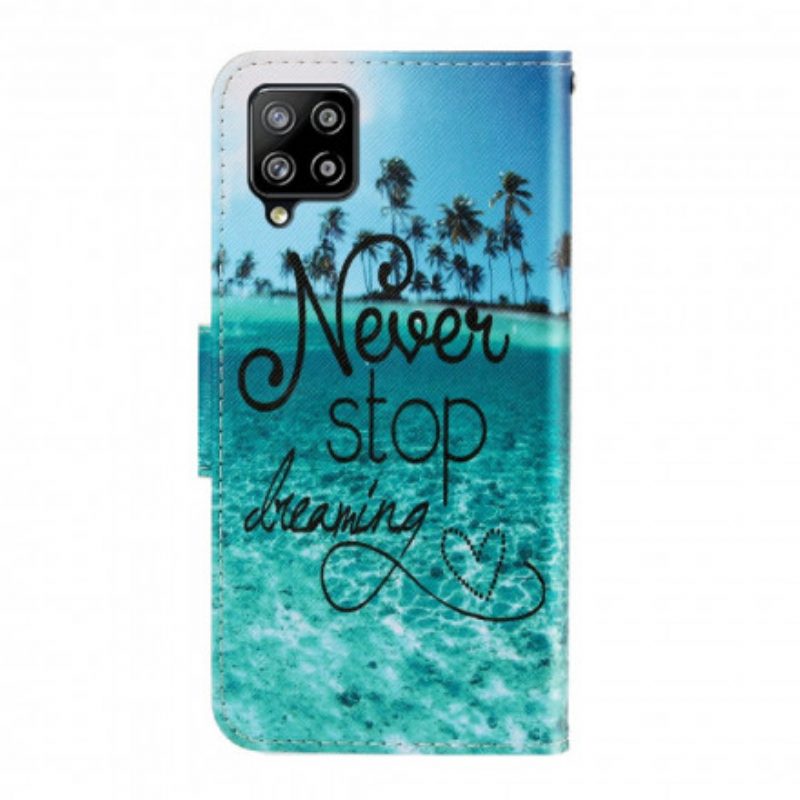 Folio-hoesje voor Samsung Galaxy A22 Met Ketting Stop Nooit Met Dromen In Marineblauwe Bandjes