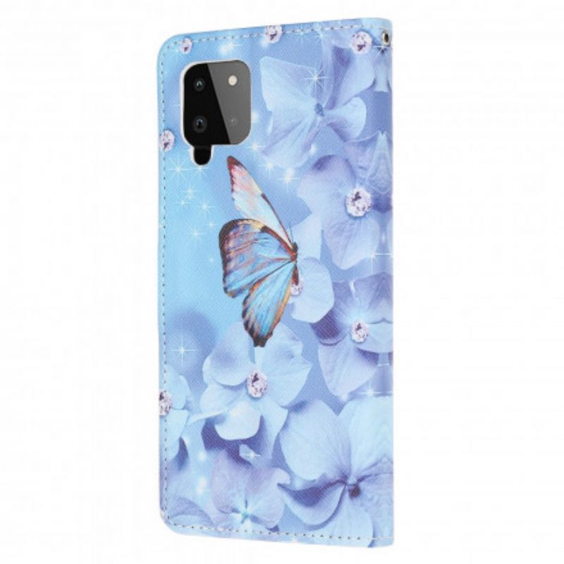 Folio-hoesje voor Samsung Galaxy A22 Met Ketting Strappy Diamanten Vlinders