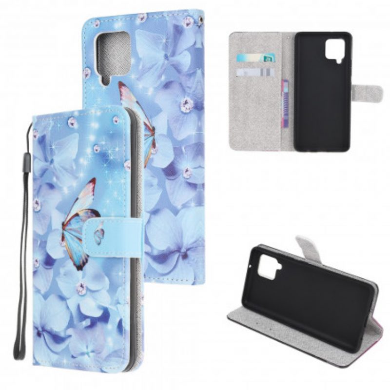 Folio-hoesje voor Samsung Galaxy A22 Met Ketting Strappy Diamanten Vlinders