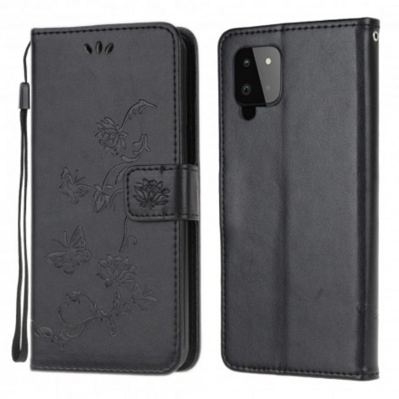 Folio-hoesje voor Samsung Galaxy A22 Met Ketting String Vlinders En Bloemen