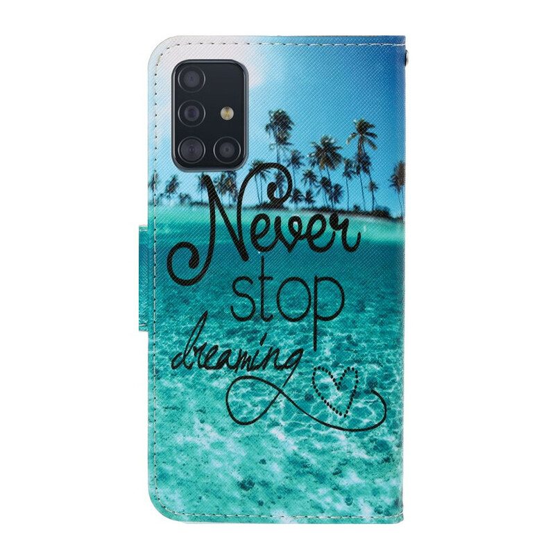 Leren Hoesje voor Samsung Galaxy A71 Met Ketting Stop Nooit Met Dromen In Marineblauwe Bandjes