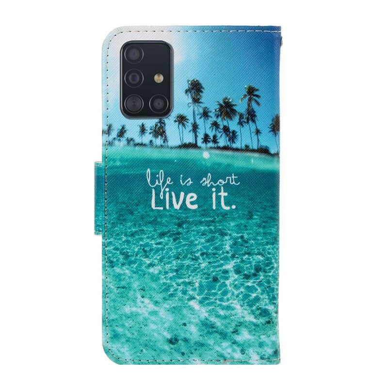 Leren Hoesje voor Samsung Galaxy A71 Met Ketting Stop Nooit Met Dromen In Marineblauwe Bandjes