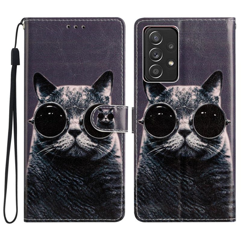 Folio-hoesje voor Samsung Galaxy A53 5G Bril Kat Met Lanyard