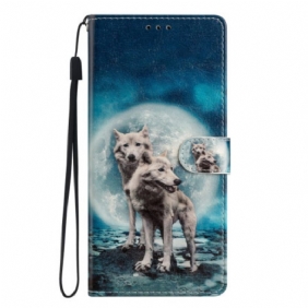 Folio-hoesje voor Samsung Galaxy A53 5G Moonlight Wolven Met Lanyard