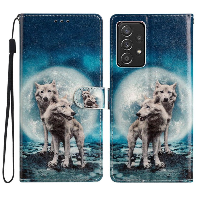 Folio-hoesje voor Samsung Galaxy A53 5G Moonlight Wolven Met Lanyard