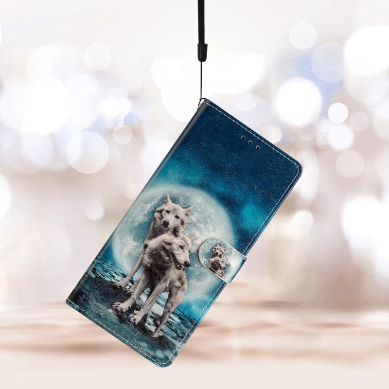 Folio-hoesje voor Samsung Galaxy A53 5G Moonlight Wolven Met Lanyard