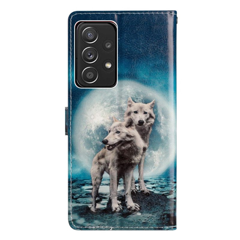 Folio-hoesje voor Samsung Galaxy A53 5G Moonlight Wolven Met Lanyard