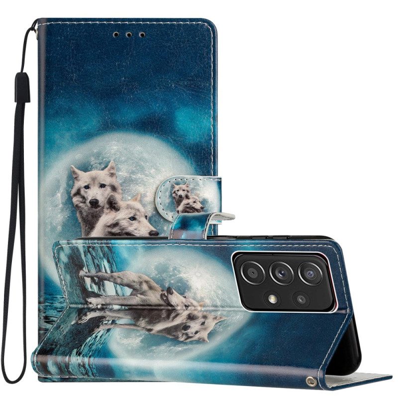 Folio-hoesje voor Samsung Galaxy A53 5G Moonlight Wolven Met Lanyard