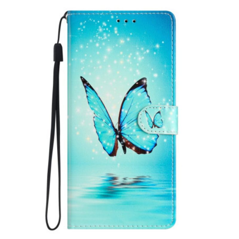 Leren Hoesje voor Samsung Galaxy A53 5G Met Ketting Blauwe Vlinders Met Riem