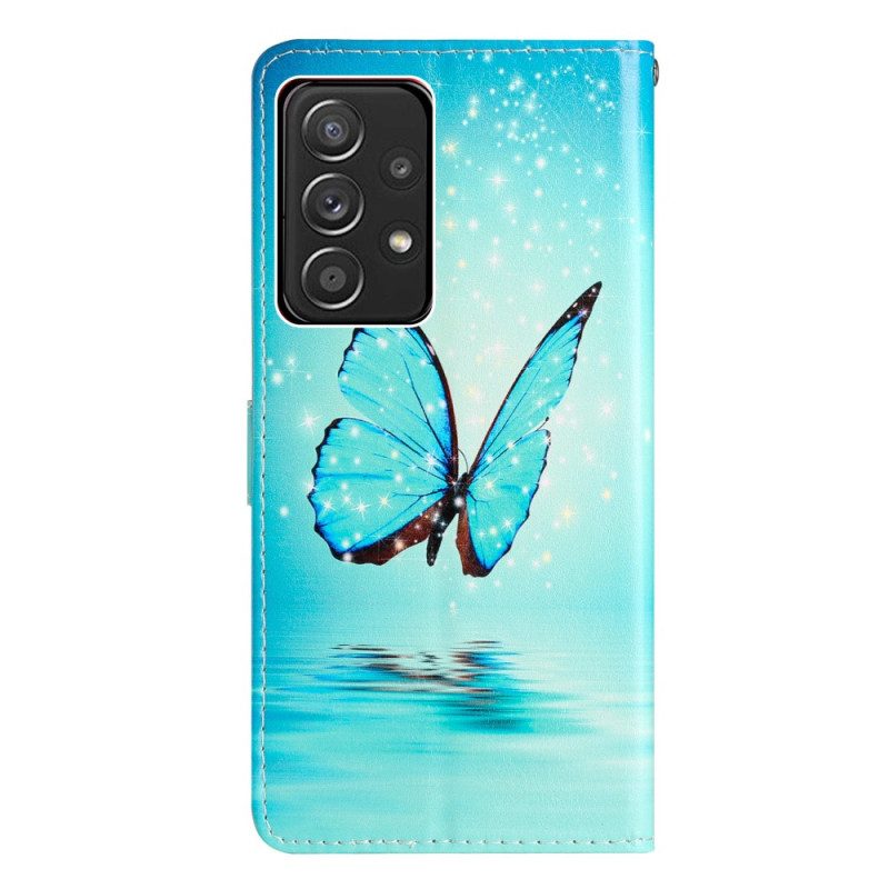 Leren Hoesje voor Samsung Galaxy A53 5G Met Ketting Blauwe Vlinders Met Riem