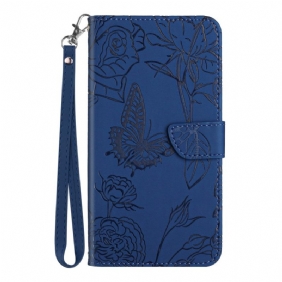 Flip Case Leren Xiaomi 14t Pro Vlinder- En Bloemenpatroon Met Riempje