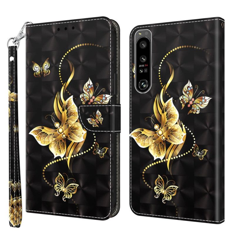 Folio-hoesje voor Sony Xperia 1 IV Met Ketting Gouden Vlinders Met Riem