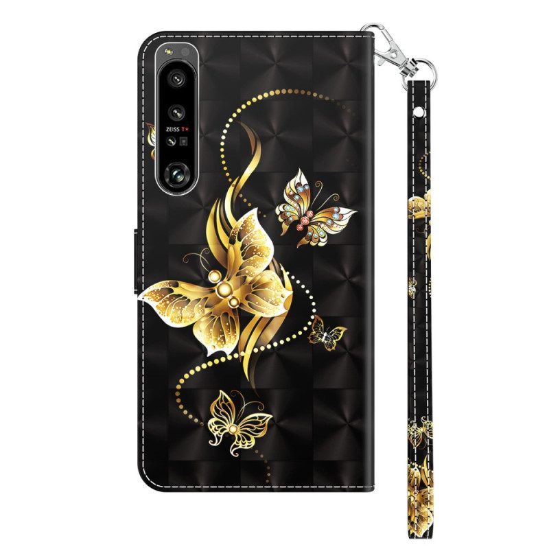 Folio-hoesje voor Sony Xperia 1 IV Met Ketting Gouden Vlinders Met Riem