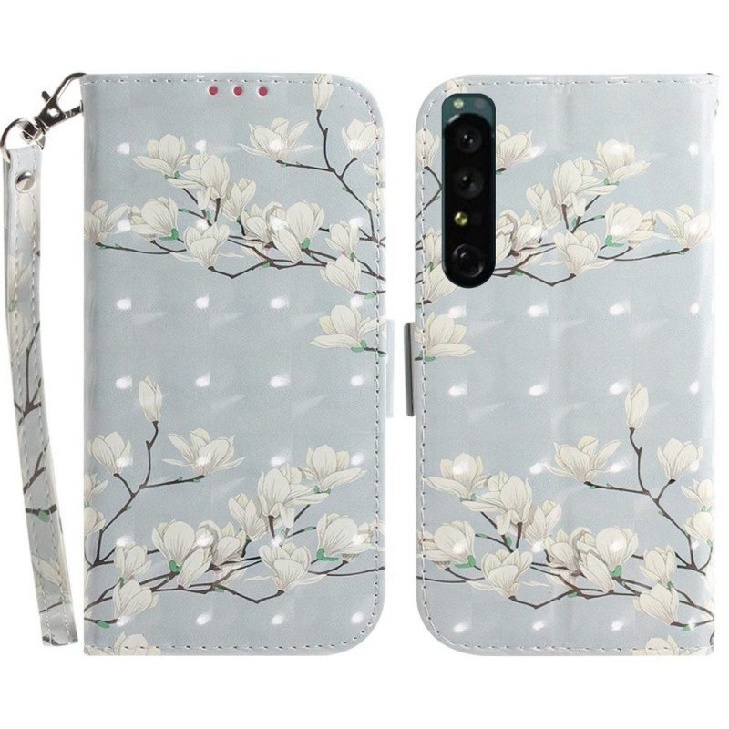 Folio-hoesje voor Sony Xperia 1 IV Met Ketting Witte Bloemen Met Bandjes