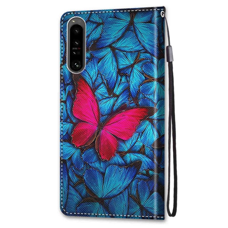 Folio-hoesje voor Sony Xperia 1 IV Rode Vlinder Blauwe Achtergrond