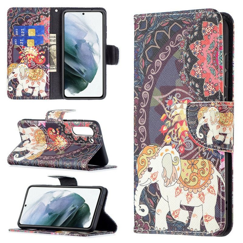 Flip Case voor Samsung Galaxy S21 FE Etnische Olifanten Mandala