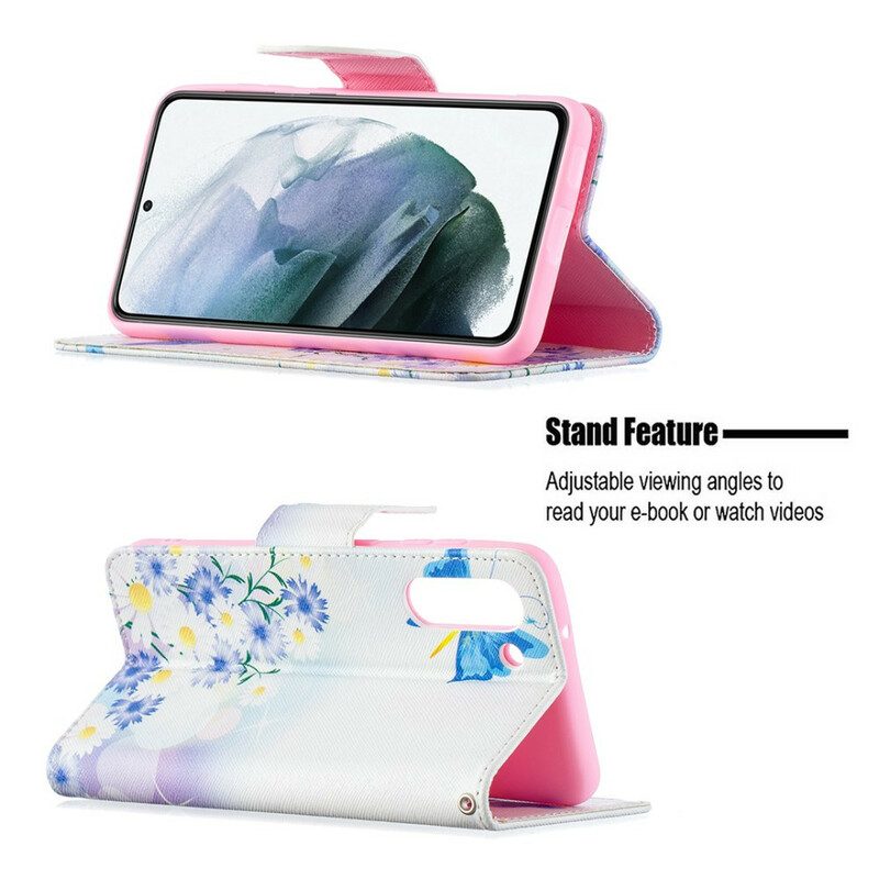 Flip Case voor Samsung Galaxy S21 FE Geschilderde Vlinders En Bloemen