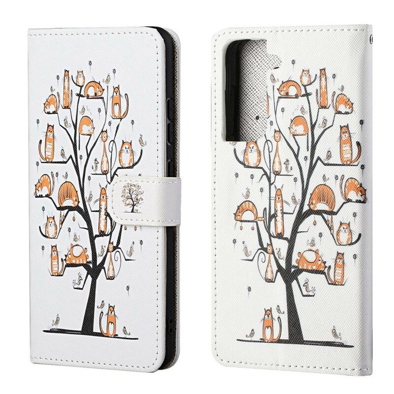 Flip Case voor Samsung Galaxy S21 FE Met Ketting Funky Cats Met Riem