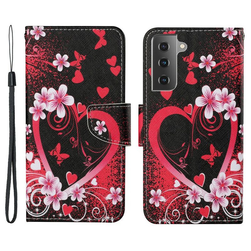 Folio-hoesje voor Samsung Galaxy S21 FE Bloemen En Harten Met Sleutelkoord