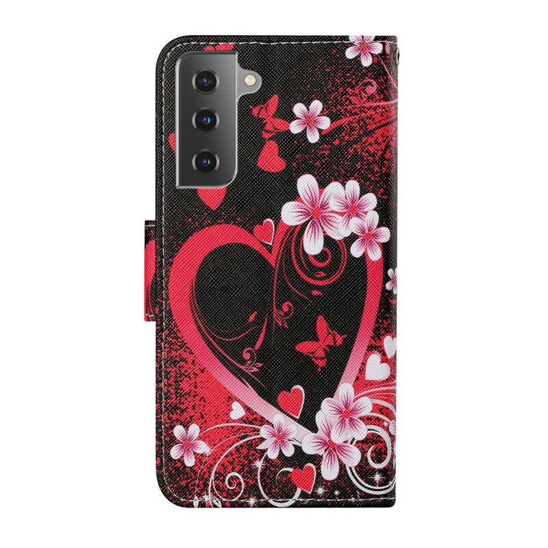 Folio-hoesje voor Samsung Galaxy S21 FE Bloemen En Harten Met Sleutelkoord