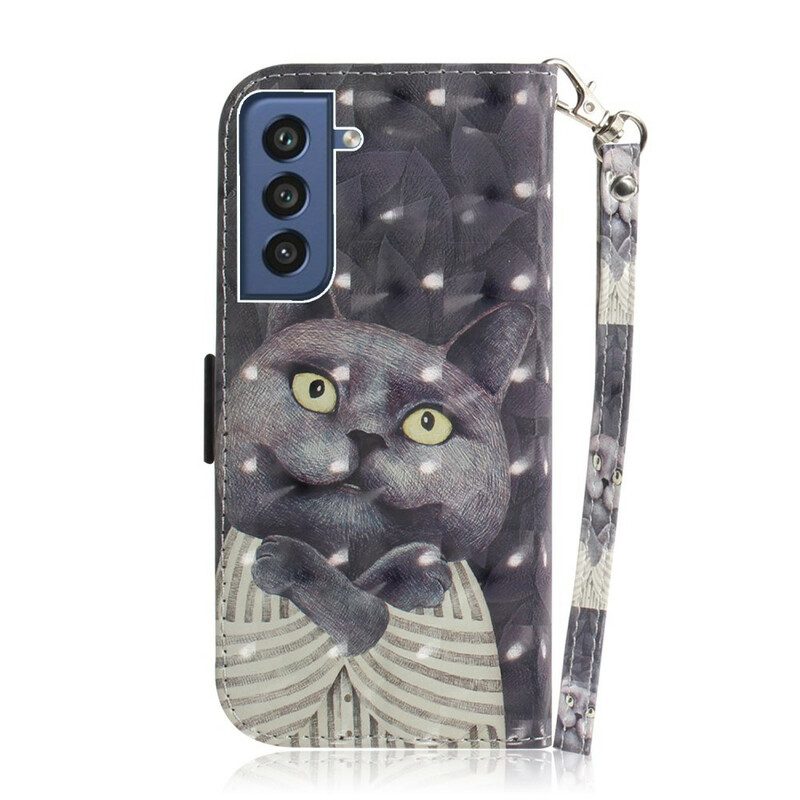 Folio-hoesje voor Samsung Galaxy S21 FE Met Ketting Grijze Kat Met Riem