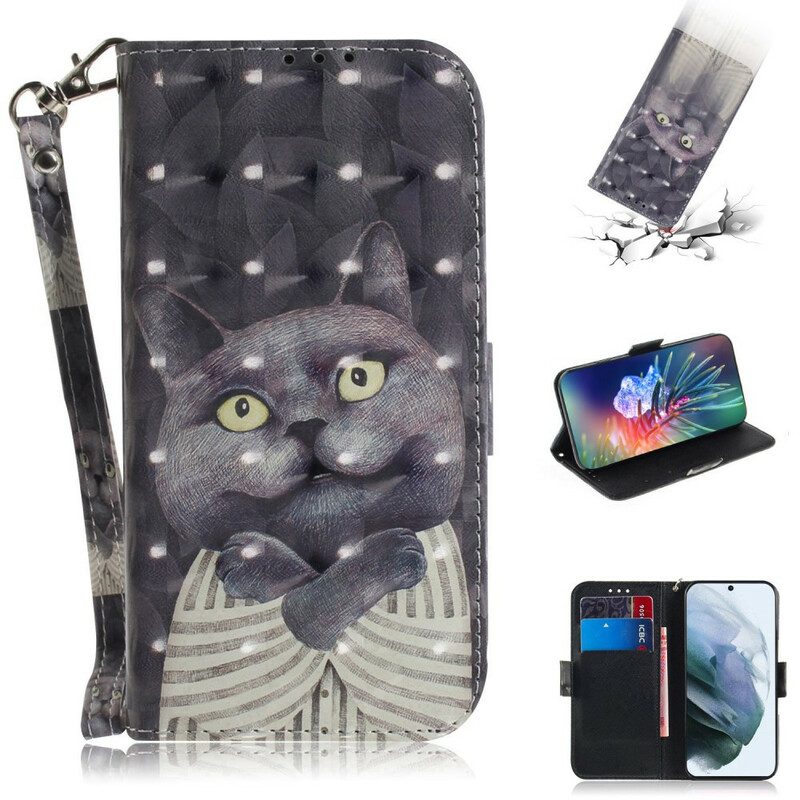 Folio-hoesje voor Samsung Galaxy S21 FE Met Ketting Grijze Kat Met Riem