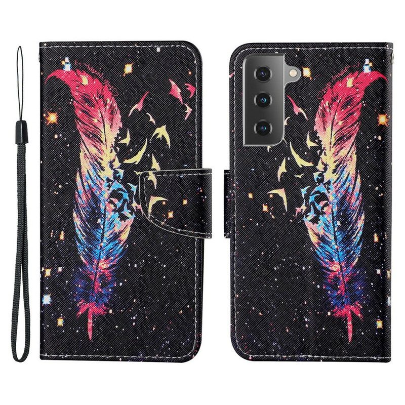 Folio-hoesje voor Samsung Galaxy S21 FE Met Ketting Kleurrijke Veer Met Riem