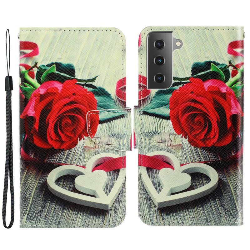 Folio-hoesje voor Samsung Galaxy S21 FE Met Ketting Romantische Roos Met Riem