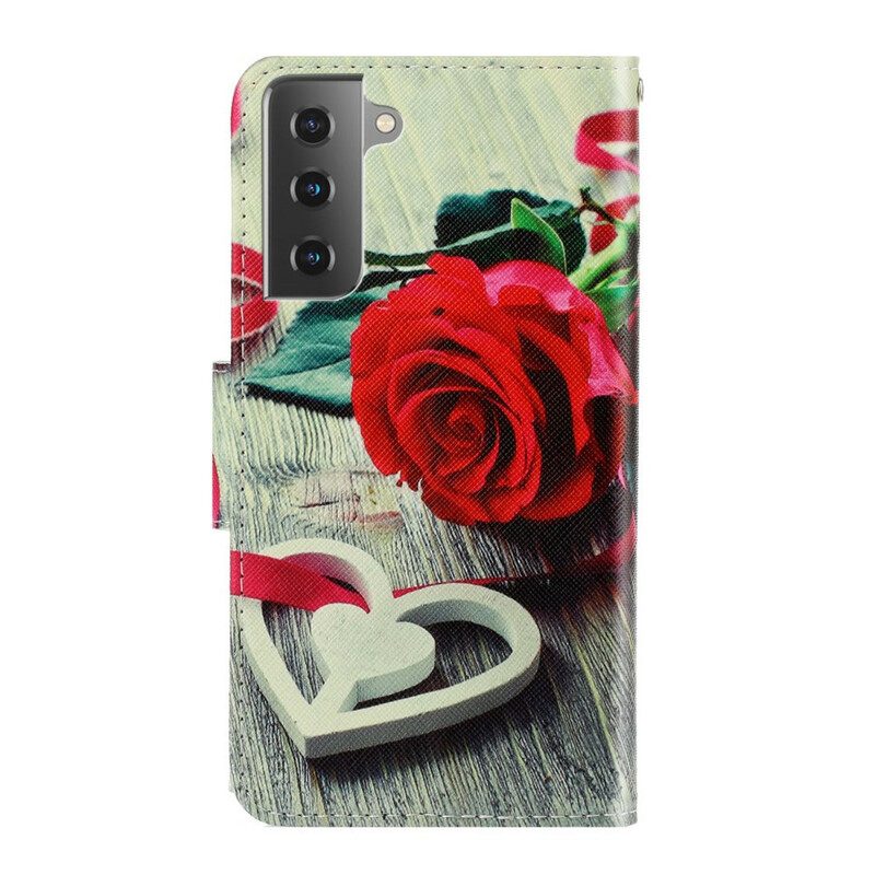 Folio-hoesje voor Samsung Galaxy S21 FE Met Ketting Romantische Roos Met Riem