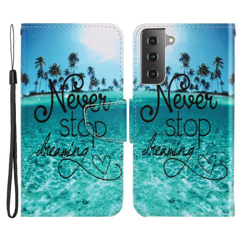 Folio-hoesje voor Samsung Galaxy S21 FE Met Ketting Stop Nooit Met Dromen In Marineblauwe Bandjes