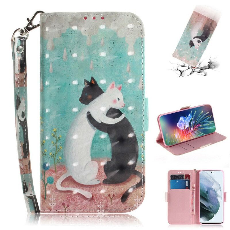 Folio-hoesje voor Samsung Galaxy S21 FE Met Ketting Strappy Kattenvrienden