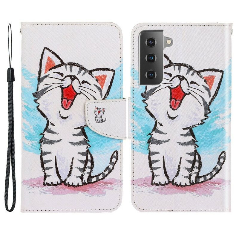 Folio-hoesje voor Samsung Galaxy S21 FE Met Ketting Strappy Kleur Kitten