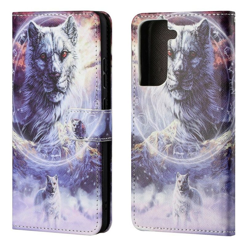 Folio-hoesje voor Samsung Galaxy S21 FE Wolf In De Winter Met Sleutelkoord