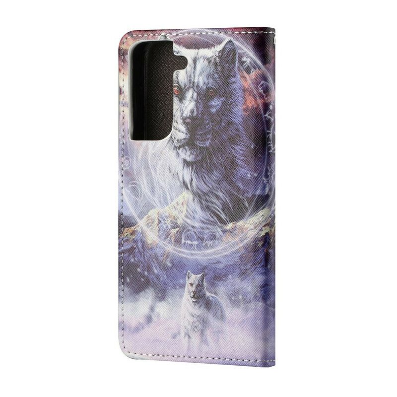 Folio-hoesje voor Samsung Galaxy S21 FE Wolf In De Winter Met Sleutelkoord