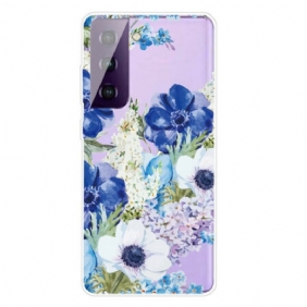 Hoesje voor Samsung Galaxy S21 FE Waterverf Blauwe Bloemen