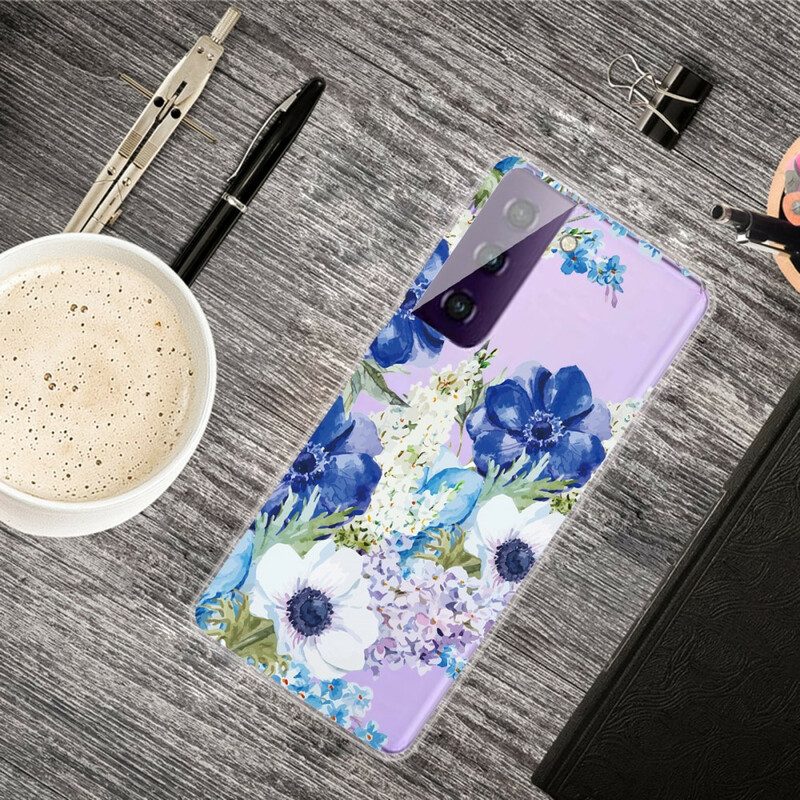 Hoesje voor Samsung Galaxy S21 FE Waterverf Blauwe Bloemen