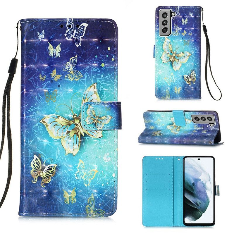 Leren Hoesje voor Samsung Galaxy S21 FE Gouden Vlinders