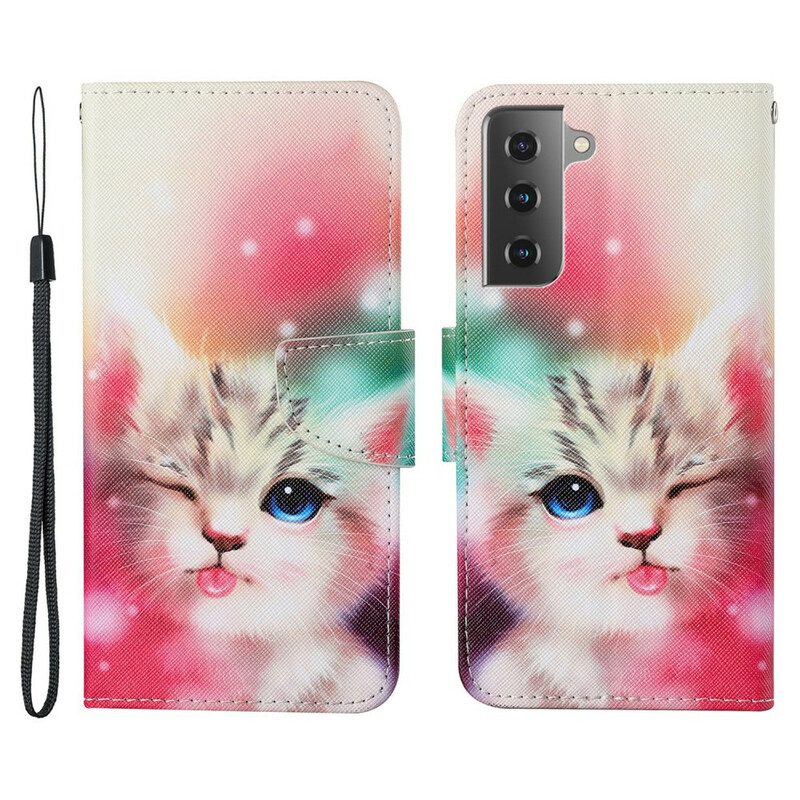 Leren Hoesje voor Samsung Galaxy S21 FE Kattenverhalen Met Lanyard