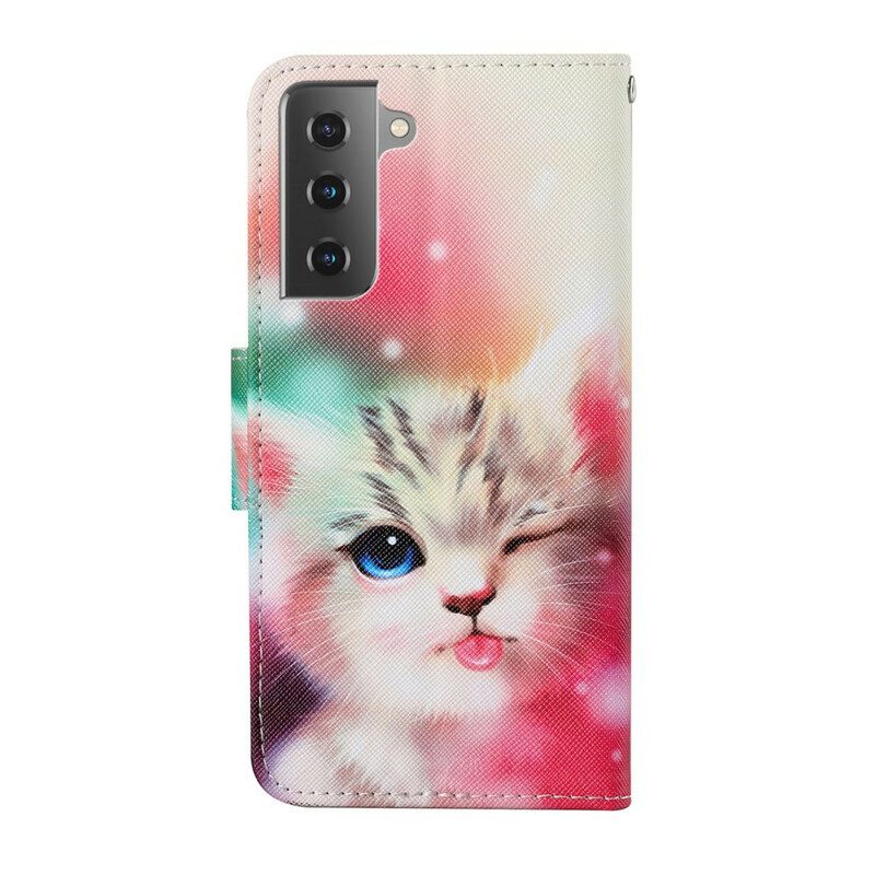 Leren Hoesje voor Samsung Galaxy S21 FE Kattenverhalen Met Lanyard